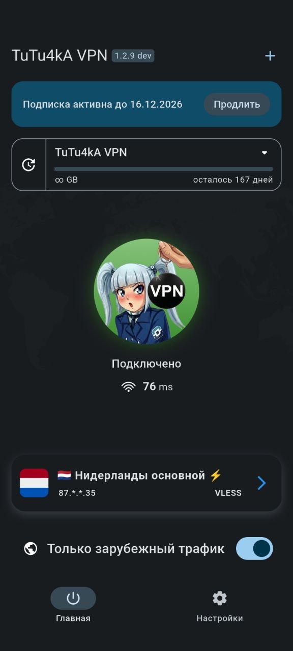 TuTu4kA VPN подключён — сервер Нидерланды, пинг 76 мс, протокол VLESS